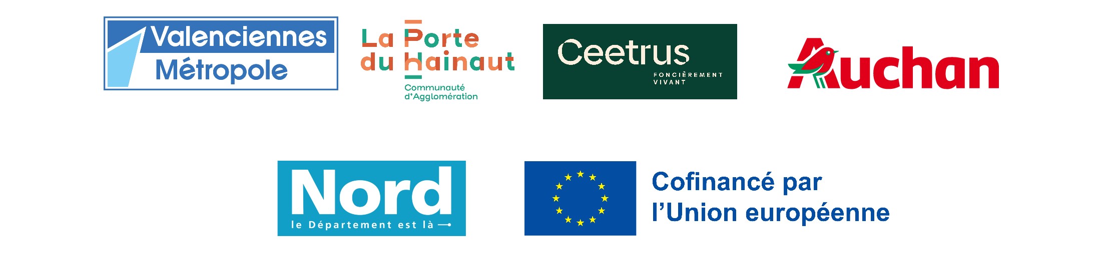 Logos de Valenciennes Métropole, la Communauté d'agglomération de la Porte du Hainaut, Ceetrus, Auchan, le Département du Nord et l'Union européenne.