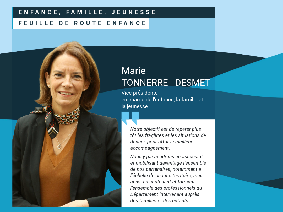 Marie Tonnerre-Desmet, vice-présidente en charge de l'enfance, la famille et la jeunesse : Notre objectif est de répérer plus tôt les fragilités et les situations de danger, pour offrir le meilleur accompagnement. Nous y parviendrons en associant et mobilisant davantage l'ensemble de nos partenaires, notamment à l'échelle de chaque territoire, mais aussi en soutenant et formant l'ensemble des professionnels du Département intervenant auprès des familles et des enfants.